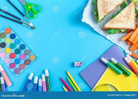 School Supplies On A Blue Background Back To School Stock Photo