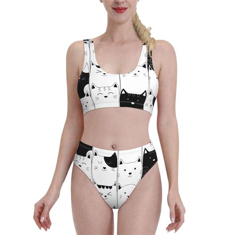 Adobk Doodle Cute Cat Print Women High Waisted Bikini Set Sports Swimsuit Bathing Suit Large