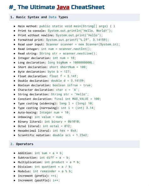 ultimate java cheat sheet  beginners java code  project java