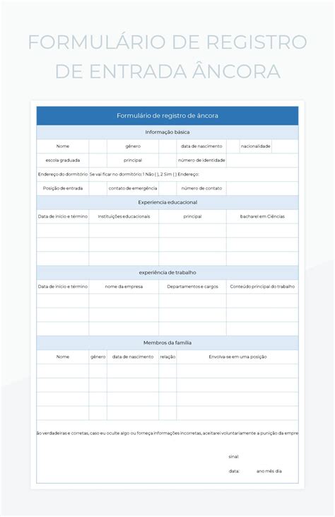 Planilhas Formulário De Registro De Entrada Âncora Excel e Edição On