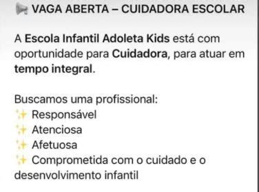 Quanto Ganha Uma Cuidadora Infantil Na Escola - Vaga para Cuidadora Escolar - Escola Infantil Adoleta Kids - Belém/PA