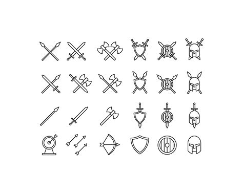 Иллюстрация Набор иконок на тему оружия (лук, меч, щит, копье,
