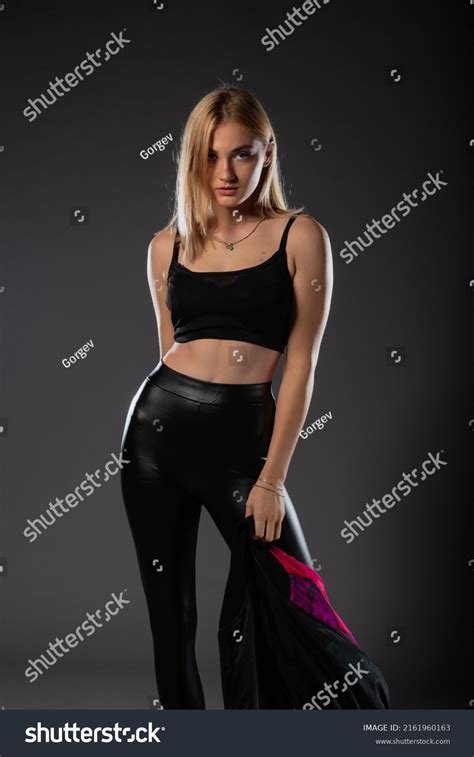 Sexy Blonde Leather Black Pants Going Stock Photo 2161960163 Shutterstock