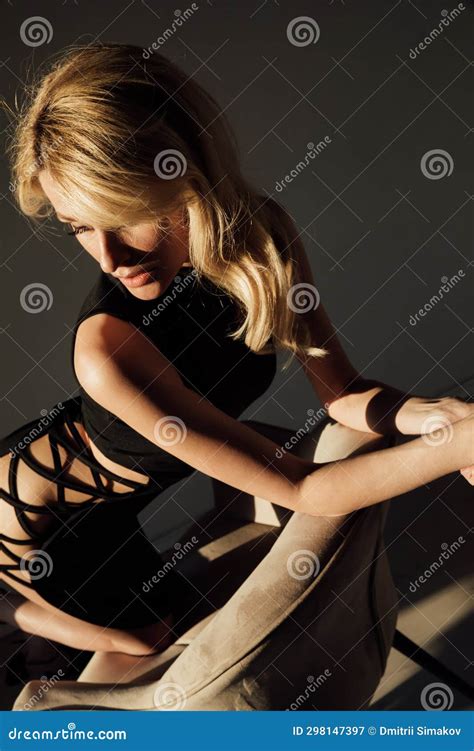 Beautiful Slender Blonde Woman In Black Evening Dress Stock Image Image Of Elegance Blue