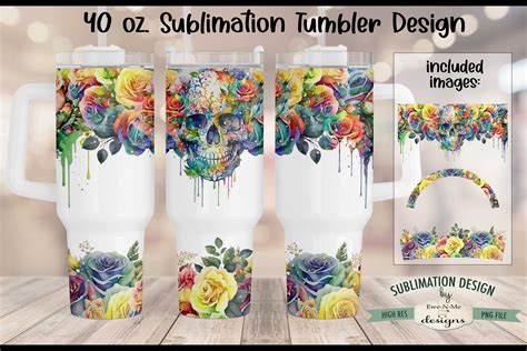 40 Oz Watercolor Sublimation Tumbler Design Floral Rose Skull Drip Design 40 Oz Tumbler Wrap