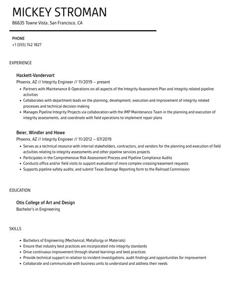 Integrity Engineer Resume Samples Velvet Jobs