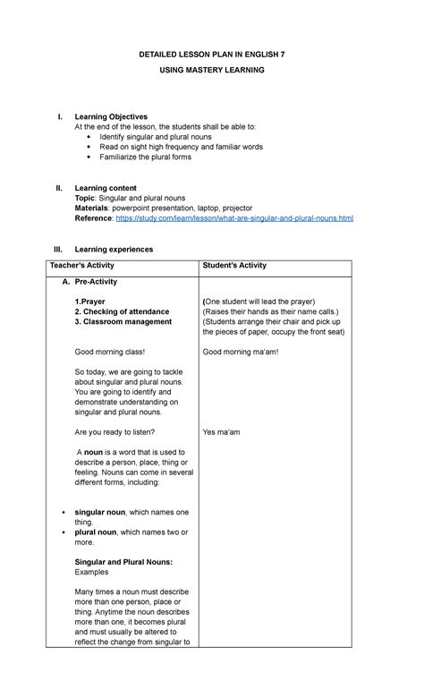 mastery learning lesson plan detailed lesson plan  english