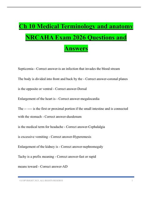 Ch 10 Medical Terminology and anatomy NRCAHA Exam 2026 Questions and