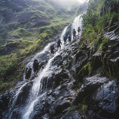 mountain waterfall hike image hikers waterfall mountain
