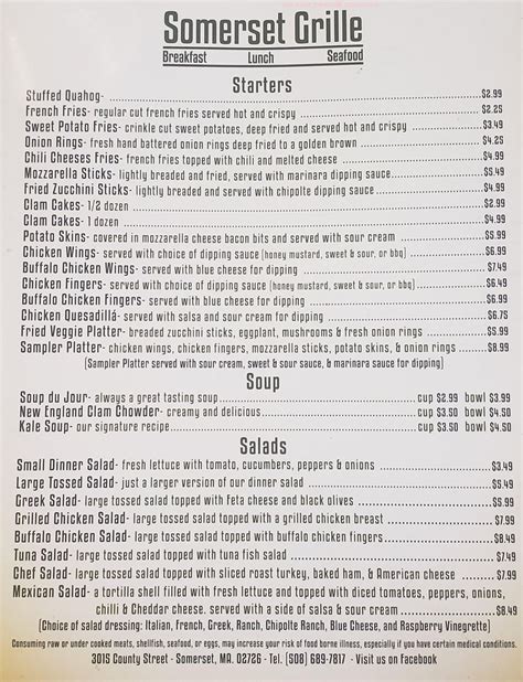 Menu At Somerset Grille Restaurant Somerset