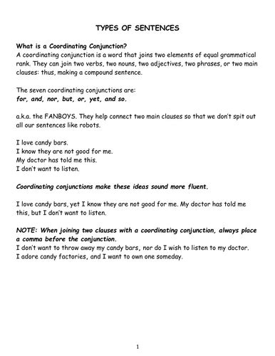 types  sentences teaching resources