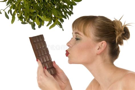 Naked Woman Kissing Chocolate Under Mistletoe Stock Photos Free Royalty Free Stock Photos