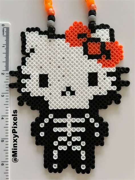 Kitty Cat Skeleton Bones Kandi Perler Necklace Halloween Horror Emo