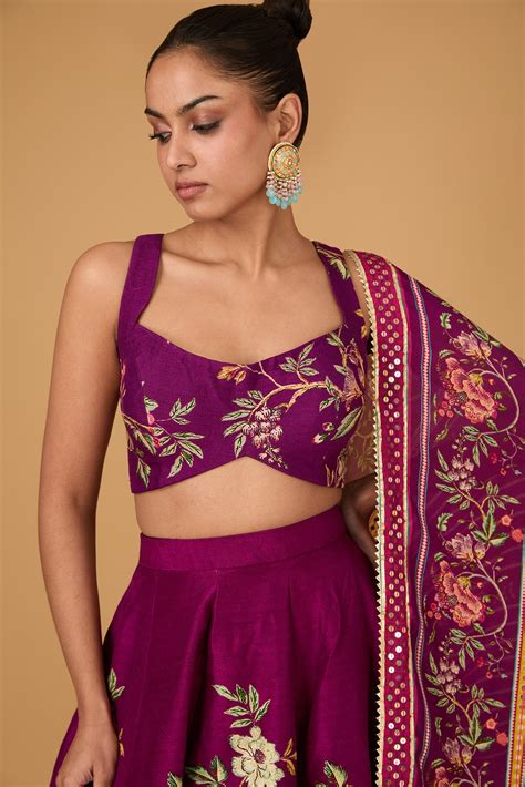 Plum Dupion Tropical Vine Printed Wedding Lehenga Set By Irrau By Samir