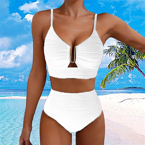 Piece Bikini Set V Neck Cutout Swimsuit High Waisted Textured Ruched Summer Beach Swim