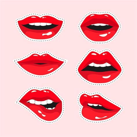 Conjunto De Pegatinas De Labios Rojos Femeninos Boca De La Mujer Que