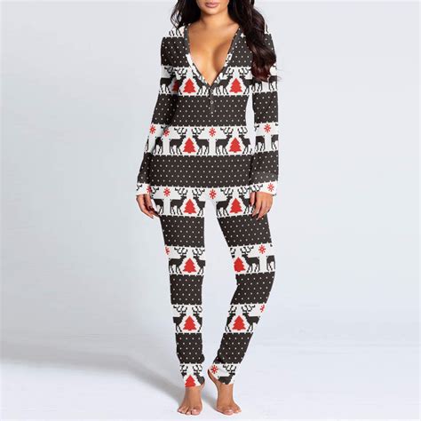 Joau Womens Christmas Sexy Bodycon Onesies Butt Flap Pajamas V Neck