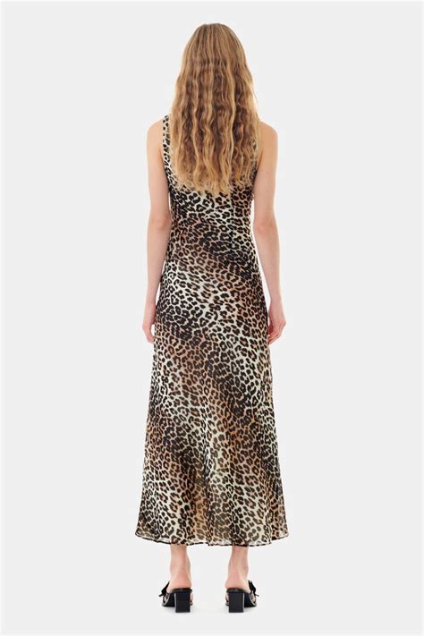 Almond Milk Leopard Printed Chiffon Maxi Dress Ganni Uk