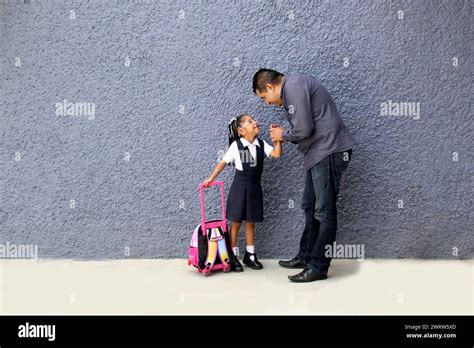 Divorced Single Dad Picks Up His Brunette Latina Daughter From School Carries Her Backpack And