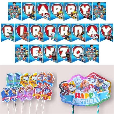 Paw Patrol Theme Birthday Party Banner Cupcake Cake Topper Decoration