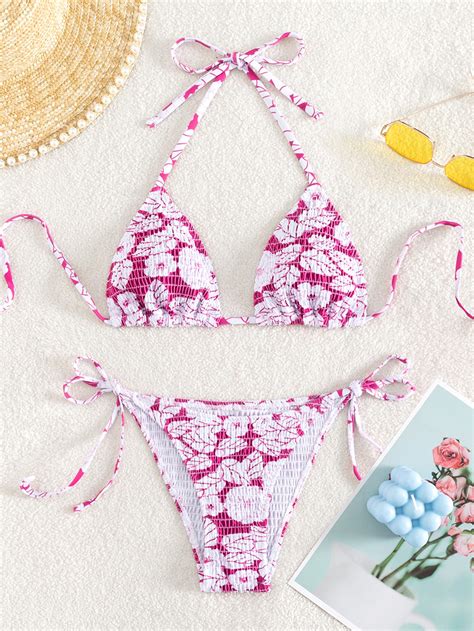 Shein Swim Mod Floral Print Bikini Set Smocked Halter Triangle Bra