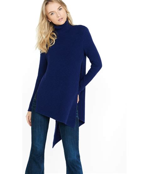 Lyst Express Mixed Knit High Slit Turtleneck Sweater In Blue