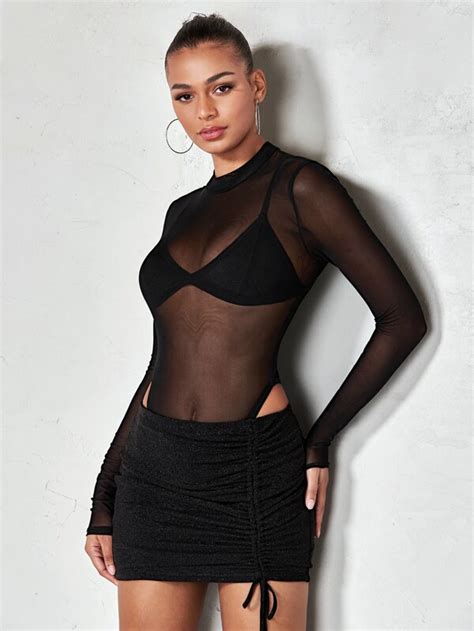 SHEIN BAE Mock Neck Sheer Mesh Bodysuit Drawstring Skirt Without Bra