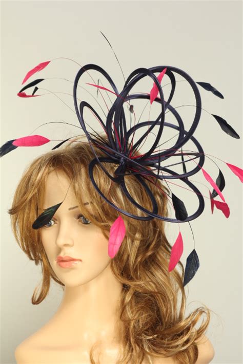 Navy Blue And Hot Pink Satin Loop Feather Fascinator Hat Mandy Maighread Stuart Millinery