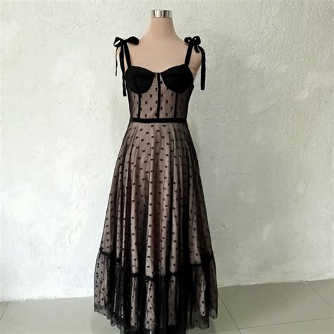 Black Lace Dress With Nude Lining Self Tie Long Ankle Dress Midi Dress