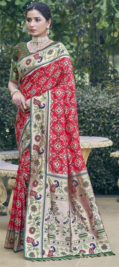 Festive Traditional Red And Maroon Color Patola Silk Fabric Saree