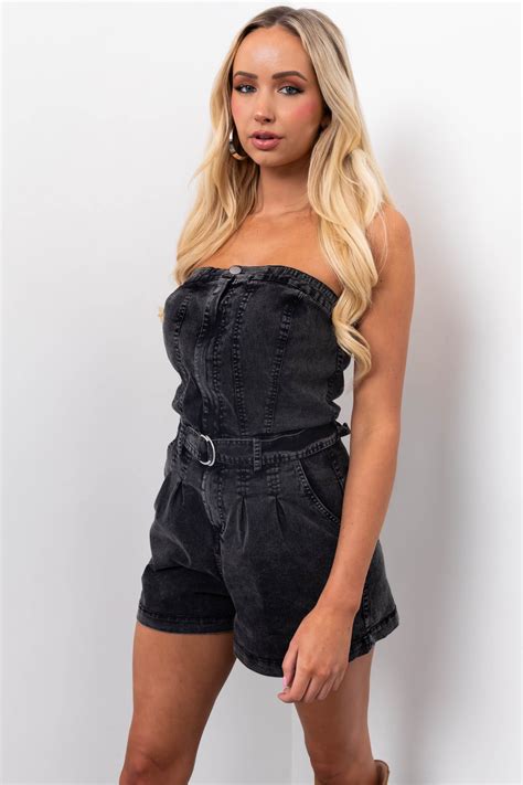 Black Denim Mineral Wash Strapless Romper Lime Lush Boutique