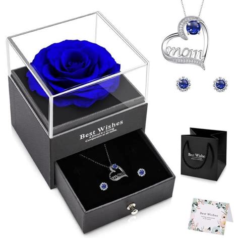 Rose Éternelle Idee Cadeau Noël Maman Femme Bleu Avec Collier Cadeau