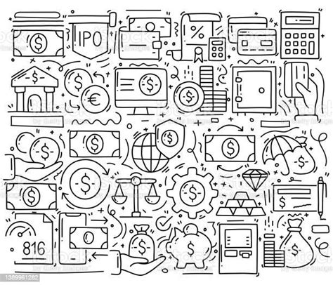 Banking And Money Related Objects And Elements Hand Drawn Vector Doodle Illustration Collection