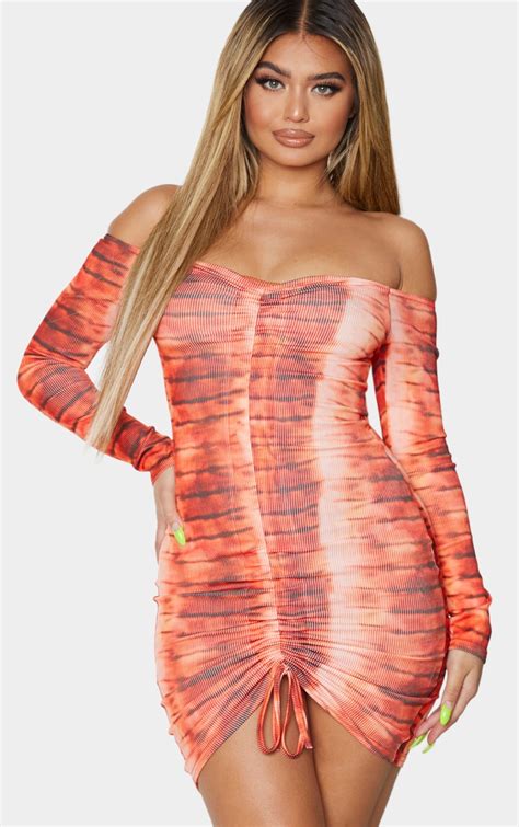 Orange Tie Dye Ribbed Bardot Ruched Bodycon Dres Prettylittlething