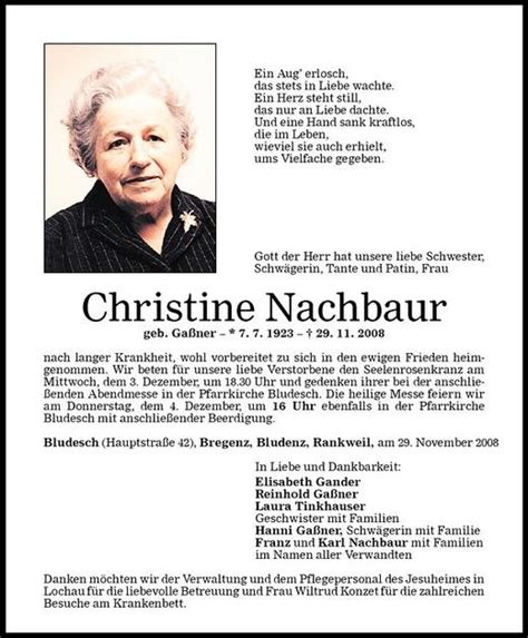 Todesanzeigen Von Christine Nachbaur Todesanzeigen Vorarlberger