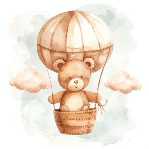 Teddy Bear In A Hot Air Balloon Illustrataion Cute Nuresery Watercolor Premium AI Generated Image