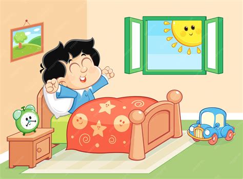 Feliz niño lindo niño despierta por la mañana | Vector Premium