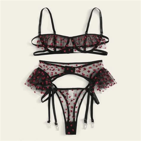 Billionm Woman Sexy Pajamas Heart Print Garter Sheer Lingerie Set Mesh Cupless Underwire Thong