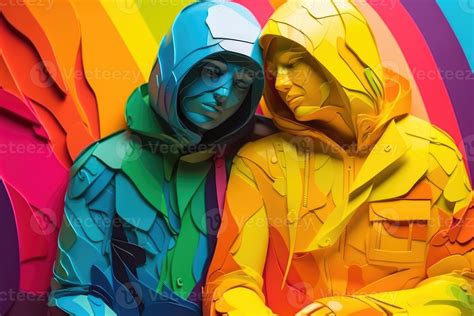 Gay Men Hugging Each Other Illustration In Paper Art Style For Pride Month Stock