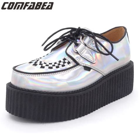 Spring Autumn 2018 Fashion Silver Laser Hologram Women Goth Punk High