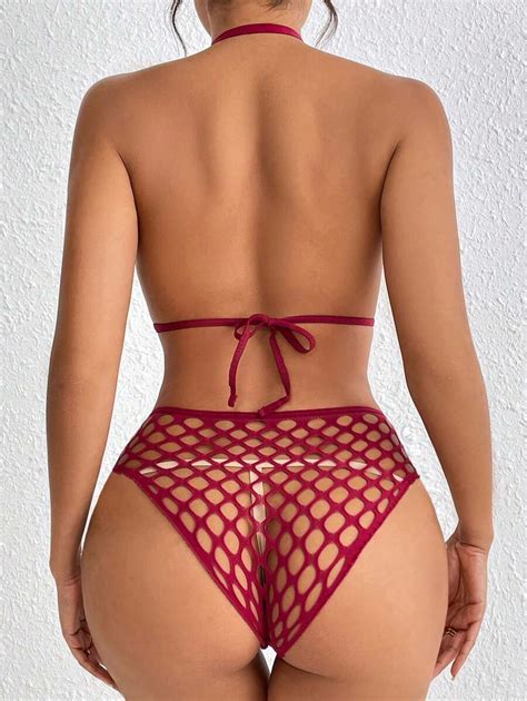 Bestselling Women Sexy Lingerie Set With Halter Sheer Bra Panties Lace Up Bikini And Fishnet