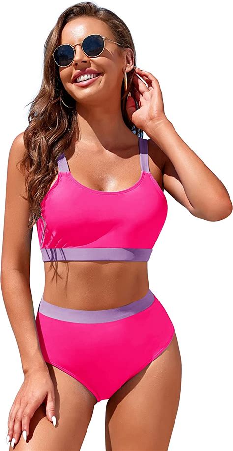 Bikini Sets For Women High Waisted Sporty Swimsuit Scoop Neck WF Shopping