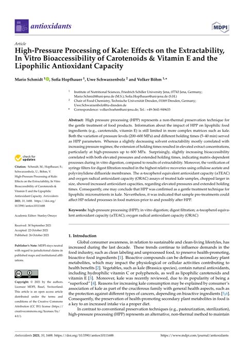 PDF High Pressure Processing Of Kale Effects On The Extractability