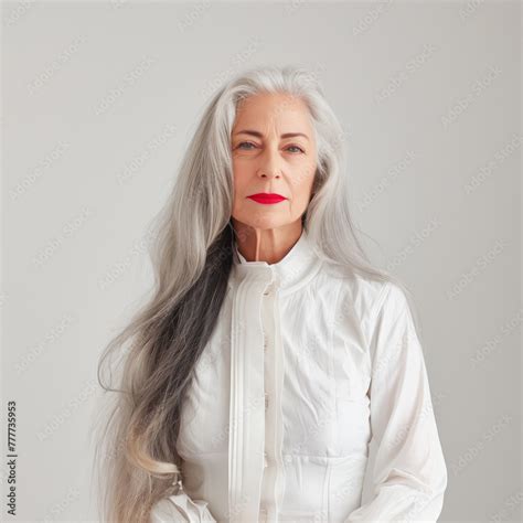 Studio Portrait Of Beautiful Mature Woman With Long Grey Hair Stock
