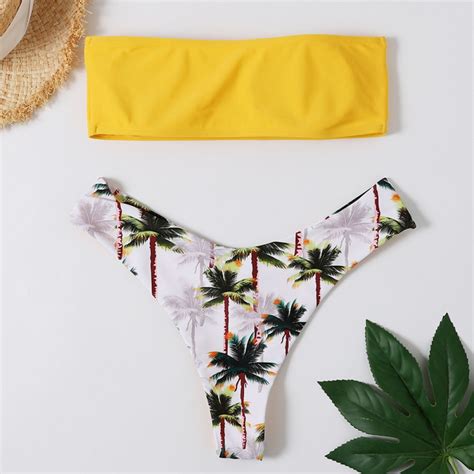 Yellow Coconut Tree Print Bikini Set Wetsuitsbuy