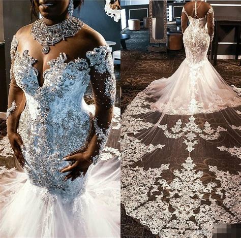 2020 Arabic Sexy Mermaid Luxurious Wedding Dresses High Neck Long Sleeve Lace Bridal Dresses