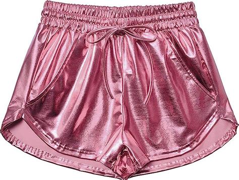 Women S Metallic Shorts Yoga Shiny Sparkly Hot Drawstring Outfit Short Pants Metallic Shorts