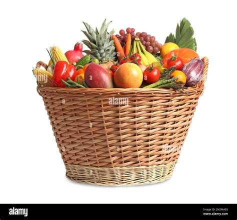 basket  assortment  fresh organic fruits  vegetables  white