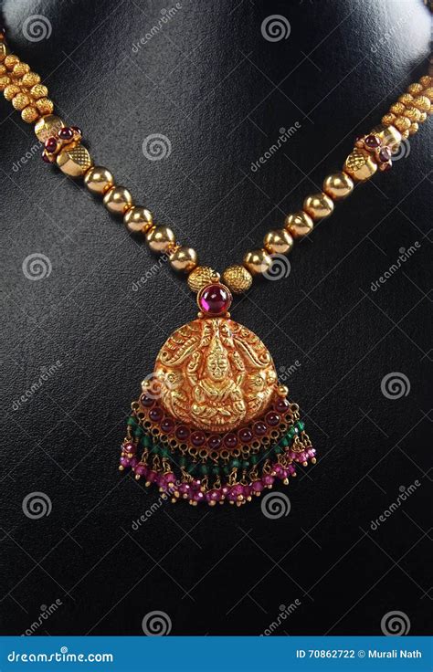 Gold Necklace With Lakshmi Pendant Stock Photo Image Of Beautiful