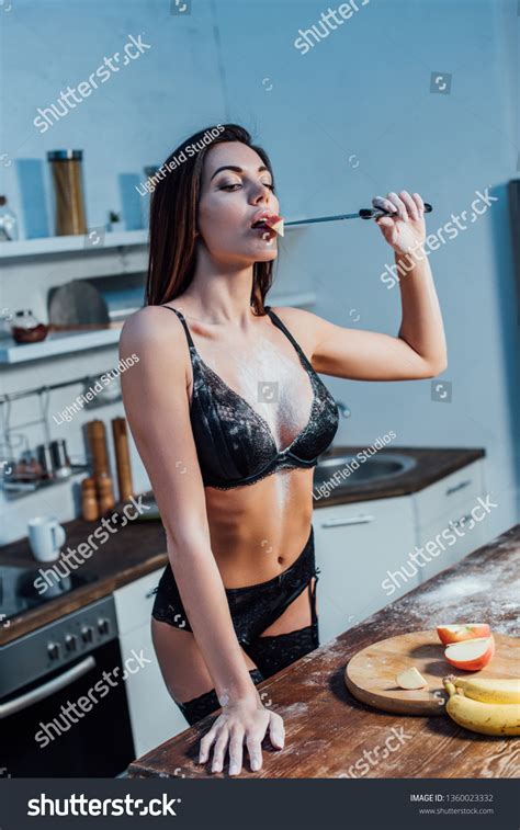 Sexy Girl Lingerie Holding Knife Eating Stock Photo Edit Now